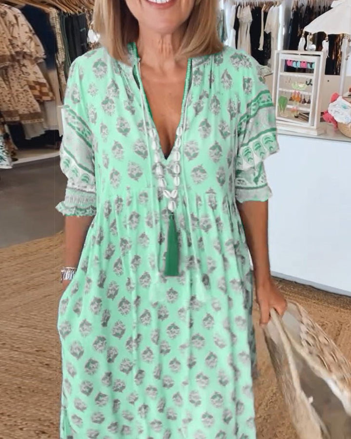 Elsie | Sophisticated V-Neck Tiered Linen Dress