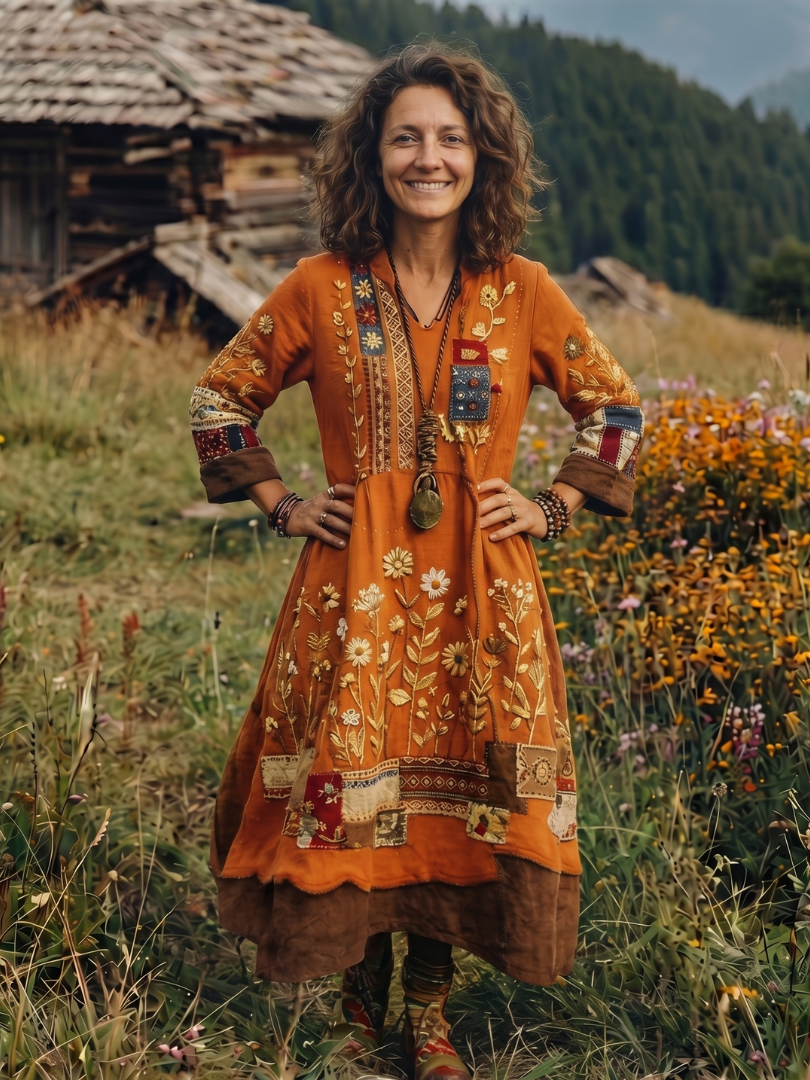 Emilia | Floral Embroidered V-Neck Midi Boho Dress