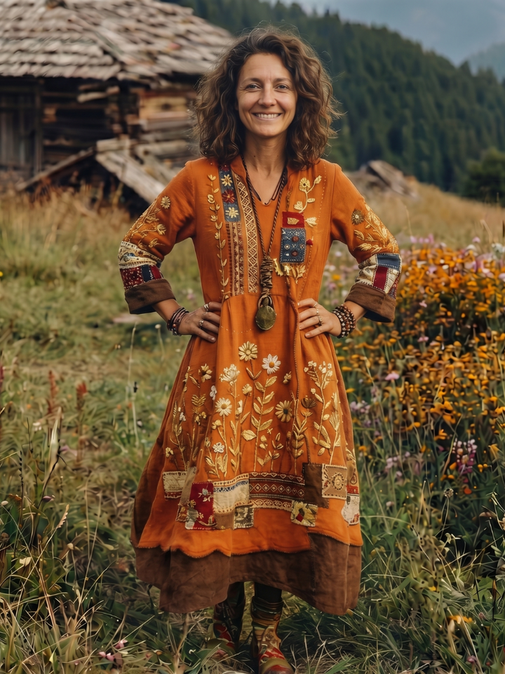 Emilia | Floral Embroidered V-Neck Midi Boho Dress