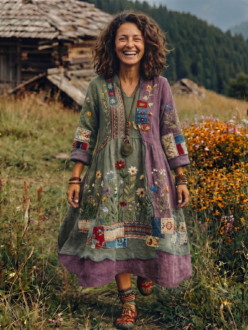 Emilia | Floral Embroidered V-Neck Midi Boho Dress