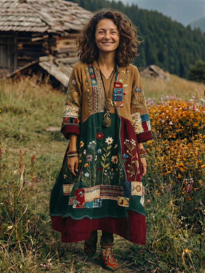 Emilia | Floral Embroidered V-Neck Midi Boho Dress
