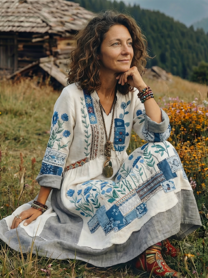 Emilia | Floral Embroidered V-Neck Midi Boho Dress