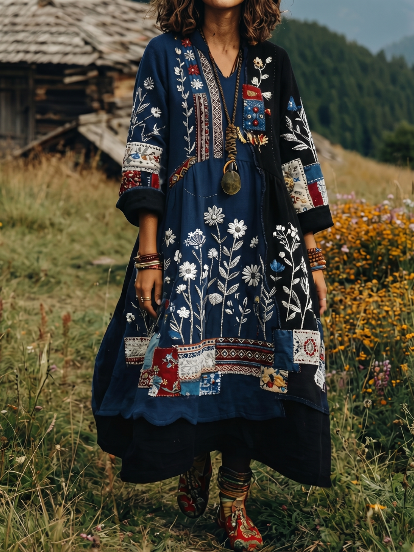 Emilia | Floral Embroidered V-Neck Midi Boho Dress