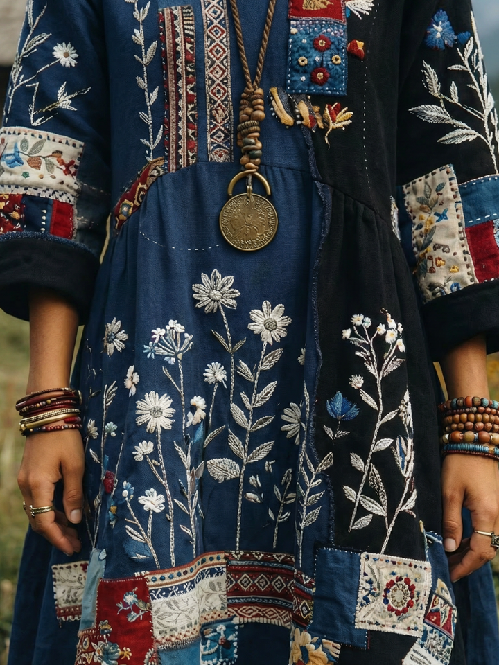 Emilia | Floral Embroidered V-Neck Midi Boho Dress
