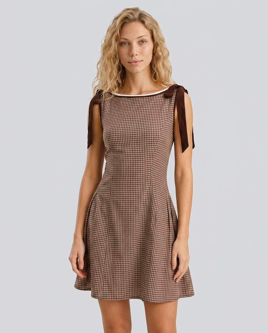 Emilia | Sophisticated Tie Strap Mini Gingham Dress