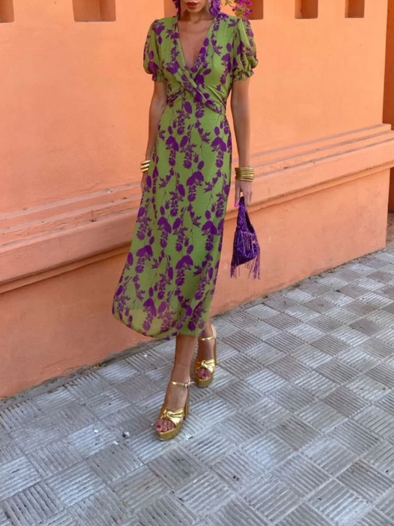 Emilia | Timeless Floral V Neck Wrap Midi Summer Dress