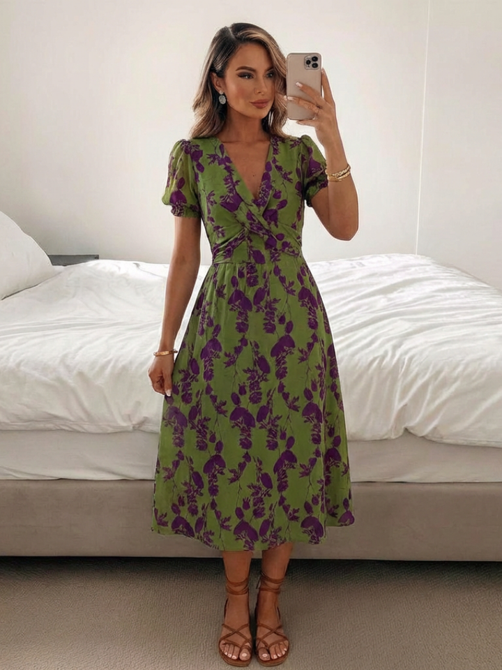 Emilia | Timeless Floral V Neck Wrap Midi Summer Dress