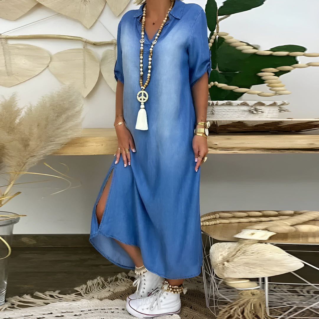 Emily | Graceful Collared Denim Dress with Side Slit