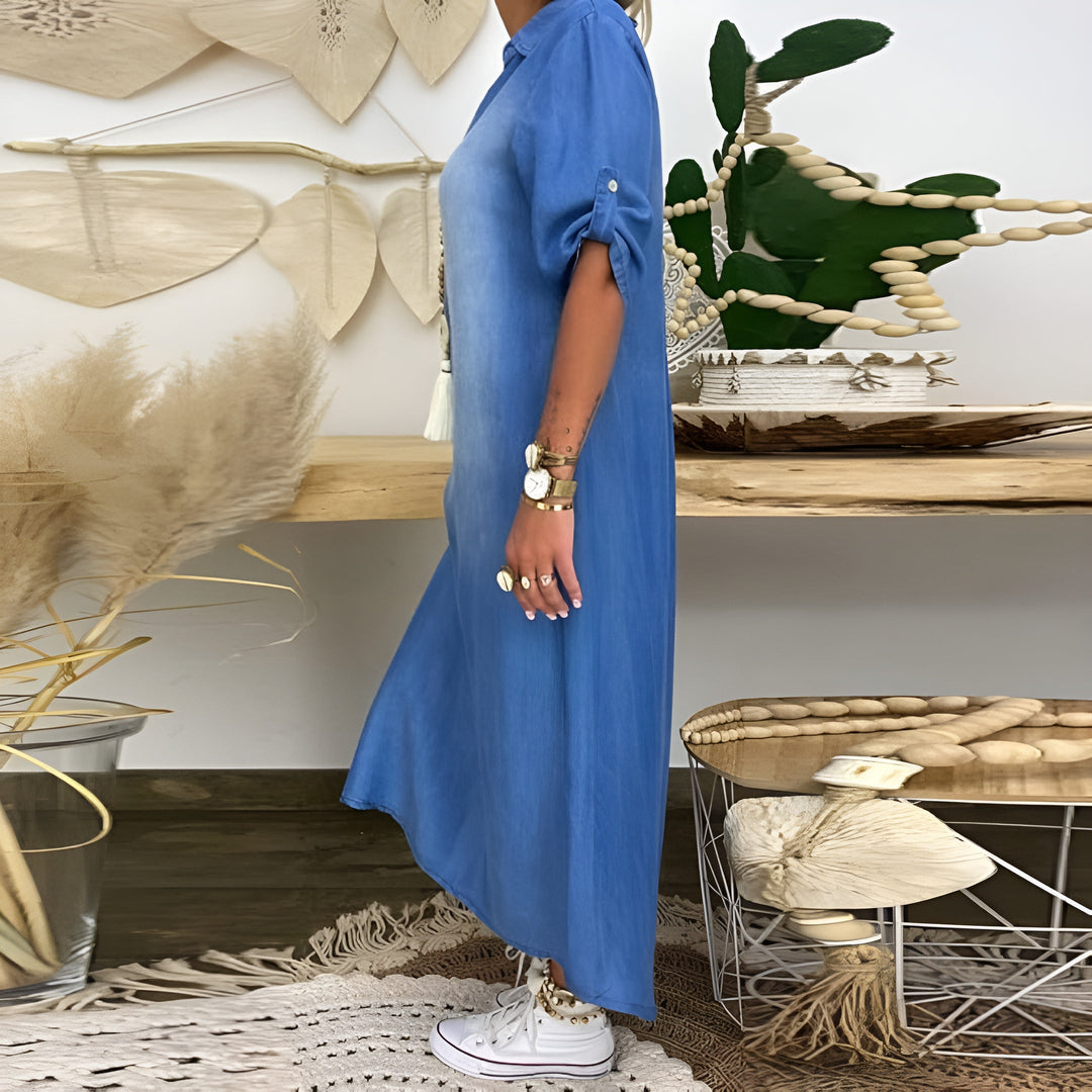 Emily | Graceful Collared Denim Dress with Side Slit