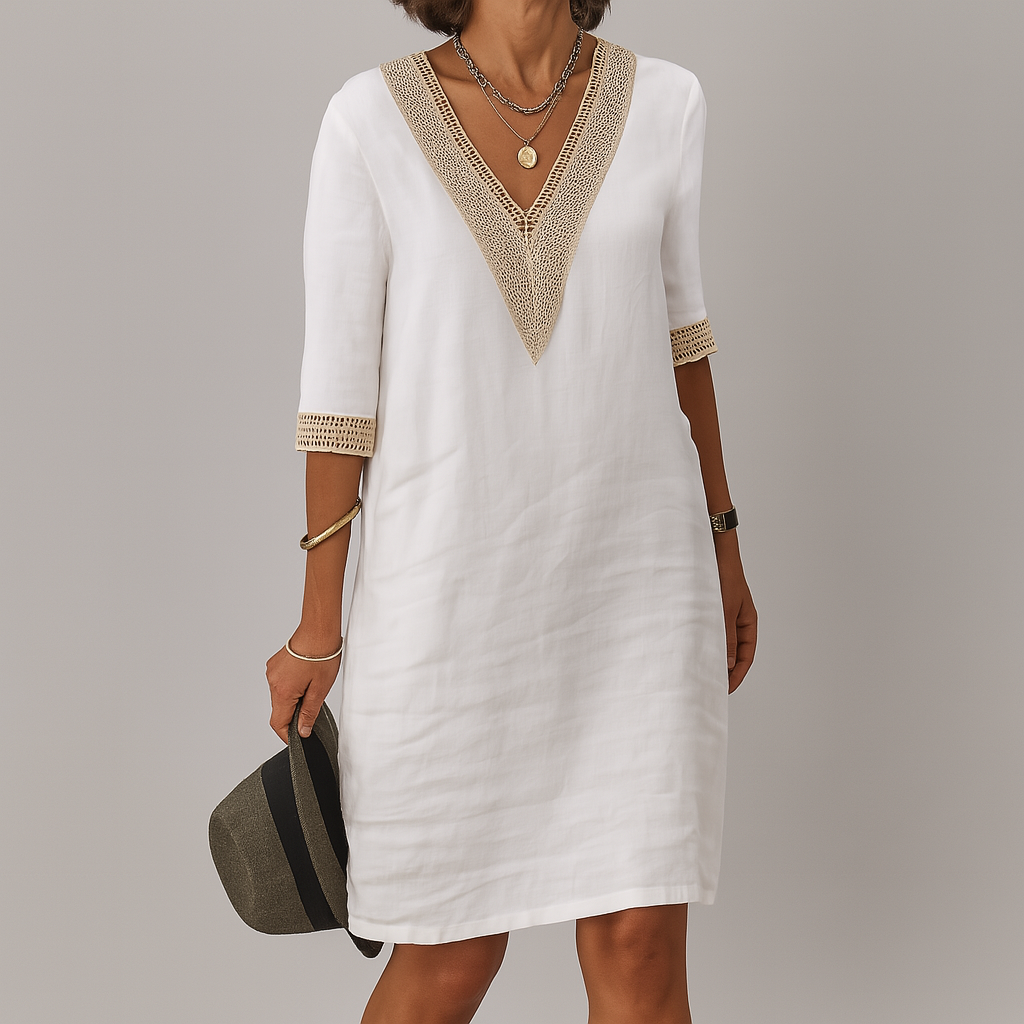 Emily | Refined Crochet Trim V-Neck Casual Dress