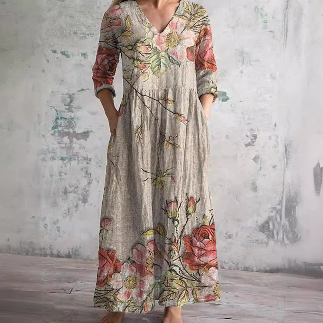 Emily | Refined Floral V-Neck Maxi Linen Dress