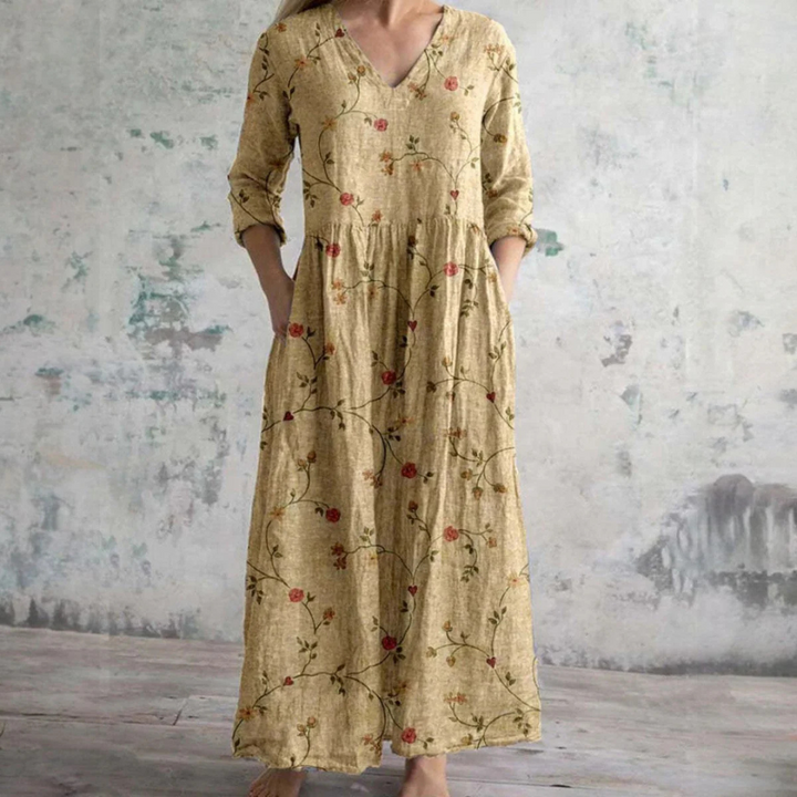 Emily | Refined Floral V-Neck Maxi Linen Dress