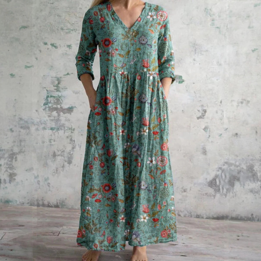 Emily | Refined Floral V-Neck Maxi Linen Dress
