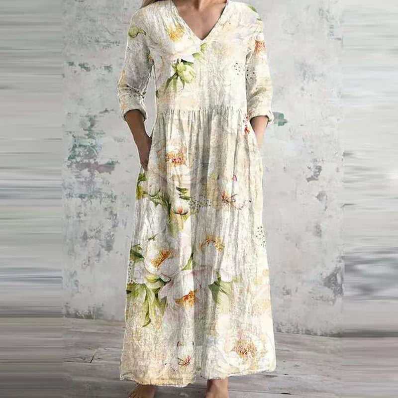 Emily | Refined Floral V-Neck Maxi Linen Dress