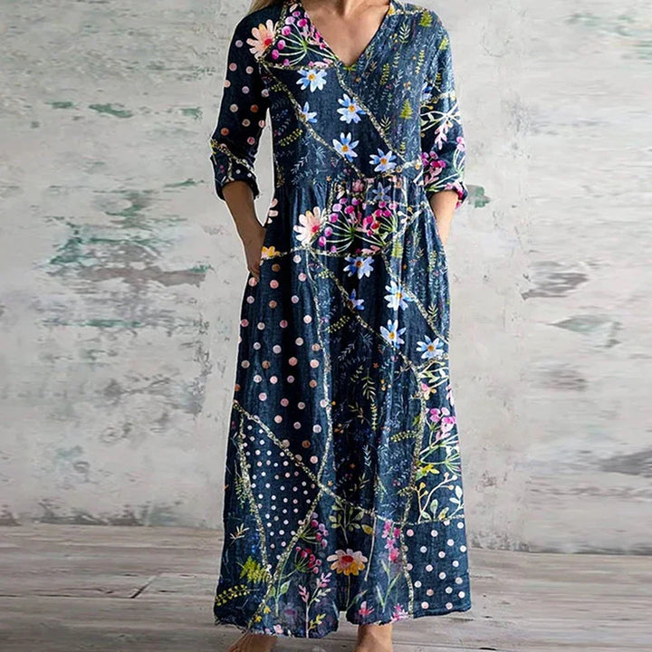 Emily | Refined Floral V-Neck Maxi Linen Dress