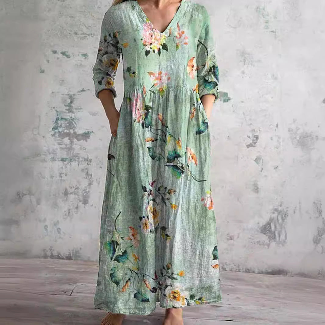 Emily | Refined Floral V-Neck Maxi Linen Dress