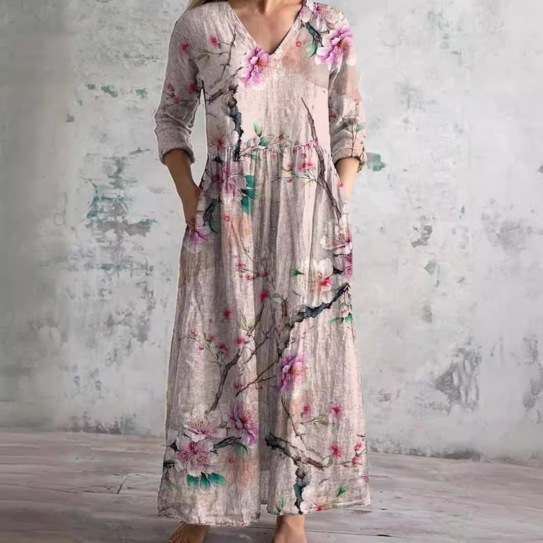 Emily | Refined Floral V-Neck Maxi Linen Dress