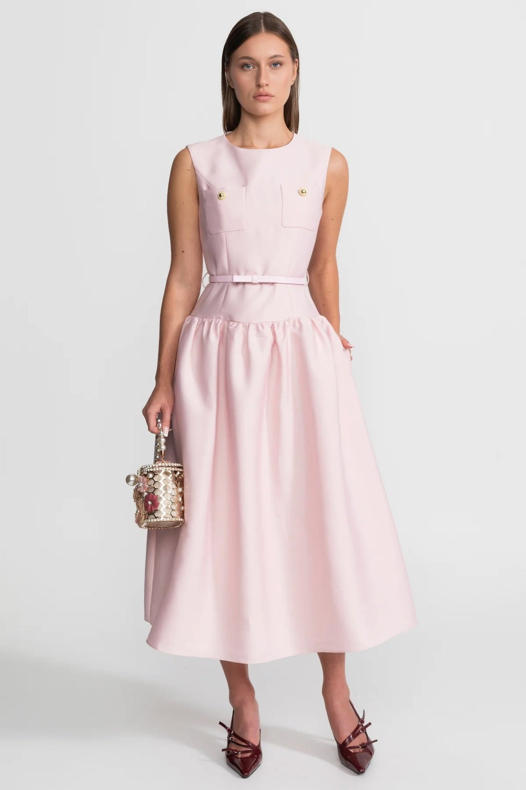 Emma | Graceful Belted Midi Races Dress with Front Pockets