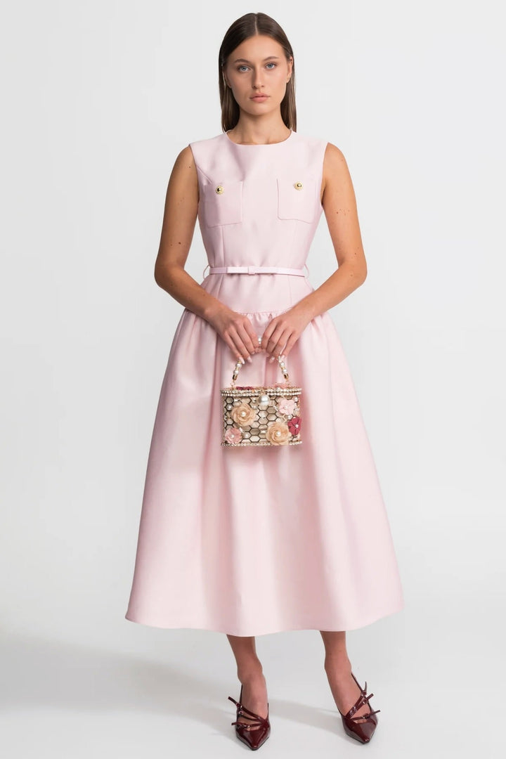 Emma | Graceful Belted Midi Races Dress with Front Pockets