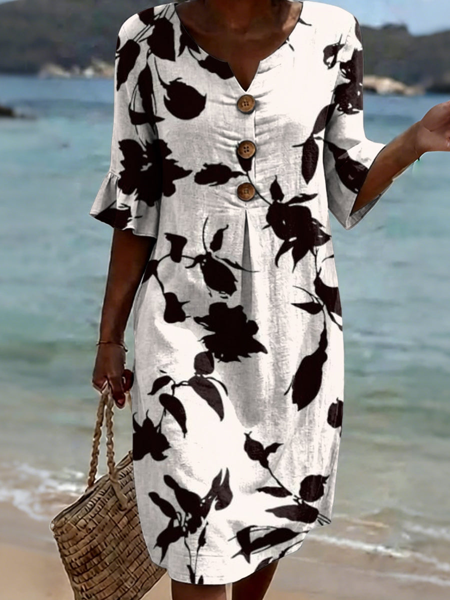 Emma | Polished Floral Print V-Neck Linen Dress with Flutter Sleeves