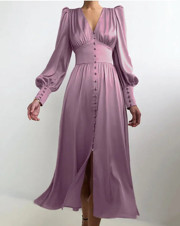 Emma | Relaxed Satin V-Neck Races Maxi Dress with Lantern Sleeves