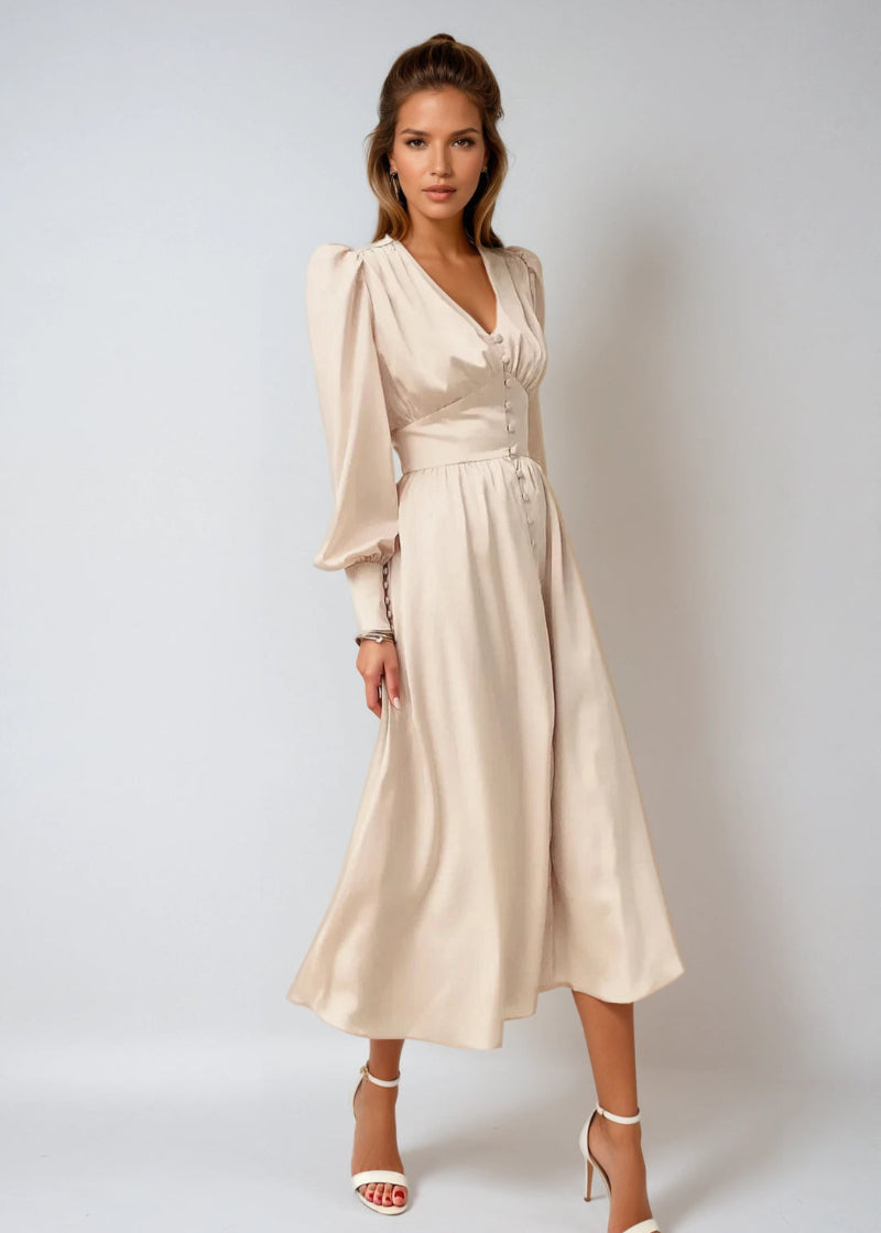 Emma | Relaxed Satin V-Neck Races Maxi Dress with Lantern Sleeves