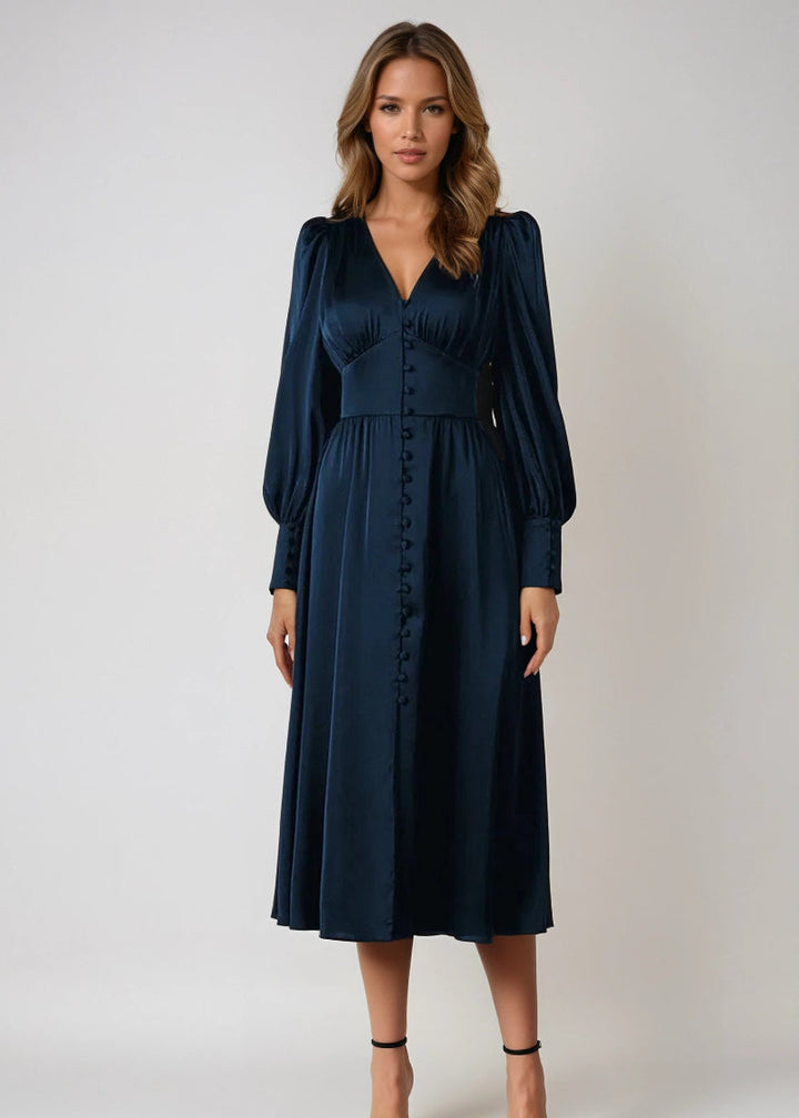 Emma | Relaxed Satin V-Neck Races Maxi Dress with Lantern Sleeves