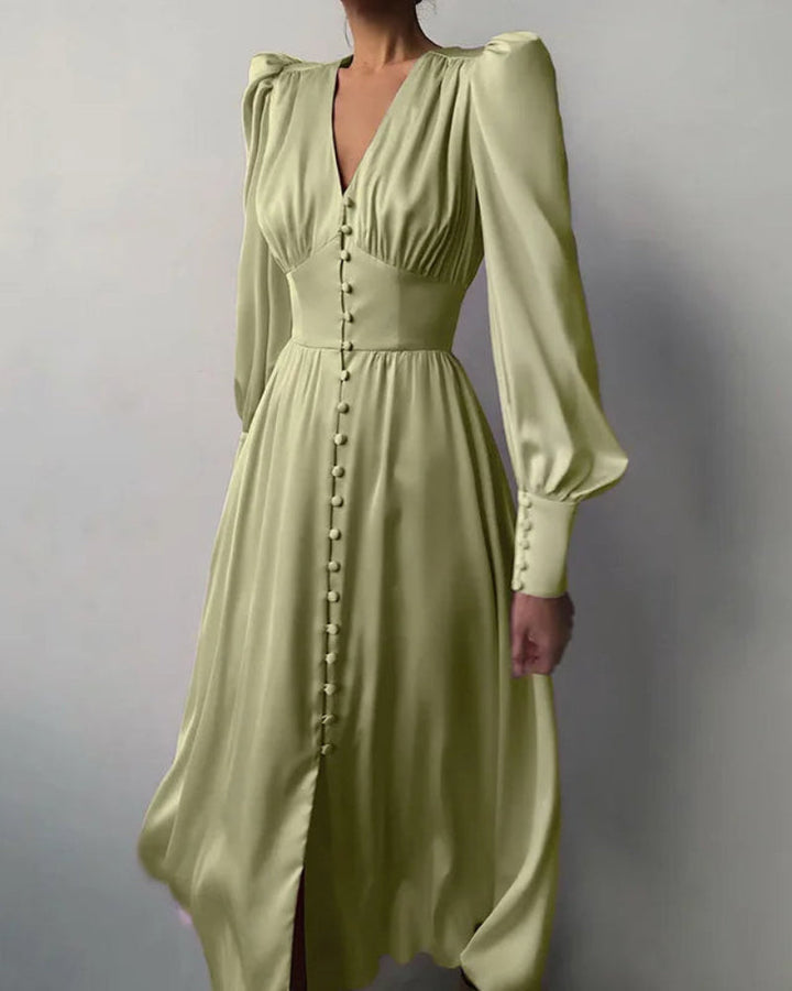 Emma | Relaxed Satin V-Neck Races Maxi Dress with Lantern Sleeves