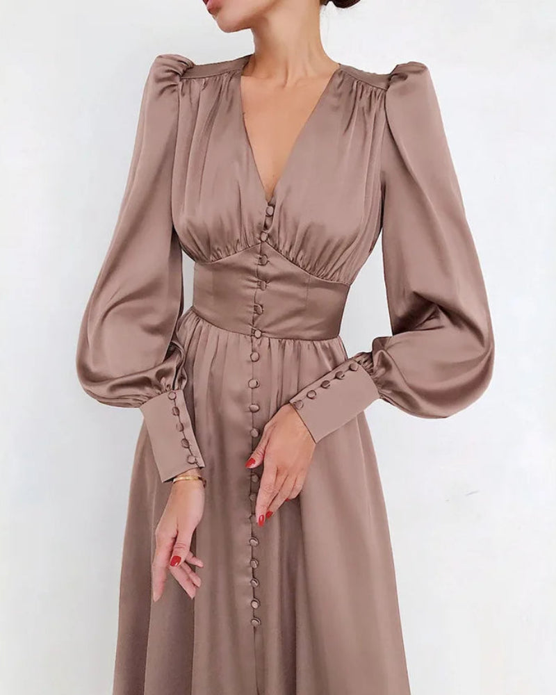 Emma | Relaxed Satin V-Neck Races Maxi Dress with Lantern Sleeves