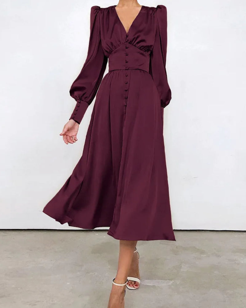 Emma | Relaxed Satin V-Neck Races Maxi Dress with Lantern Sleeves