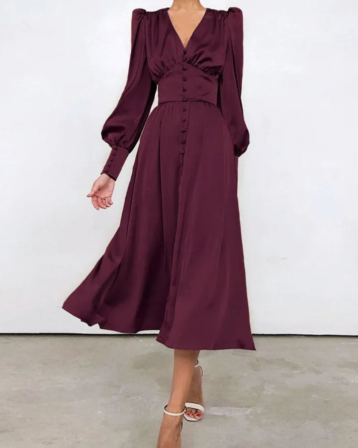 Emma | Relaxed Satin V-Neck Races Maxi Dress with Lantern Sleeves