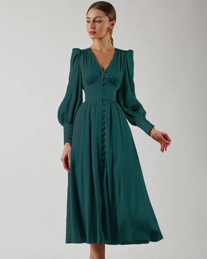 Emma | Relaxed Satin V-Neck Races Maxi Dress with Lantern Sleeves