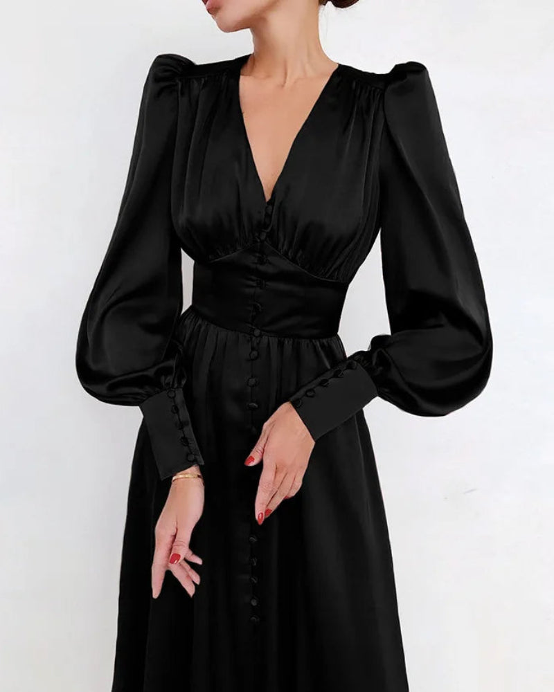 Emma | Relaxed Satin V-Neck Races Maxi Dress with Lantern Sleeves