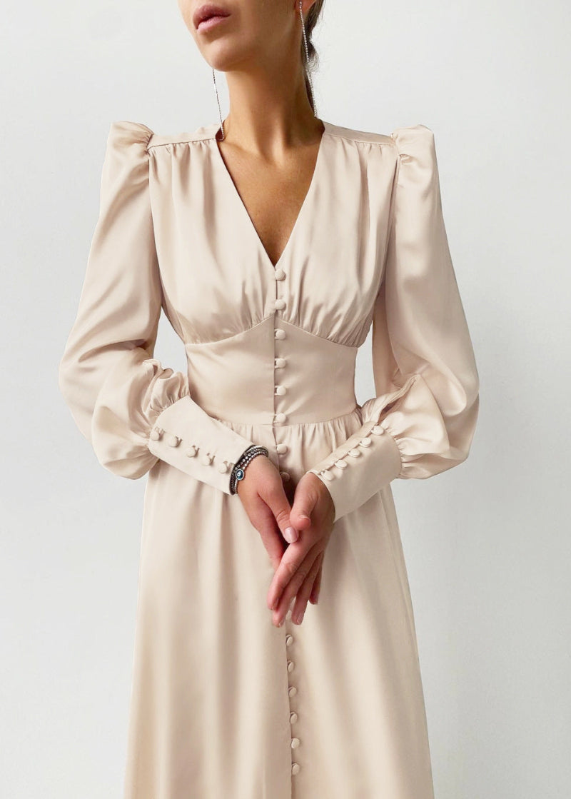 Emma | Relaxed Satin V-Neck Races Maxi Dress with Lantern Sleeves