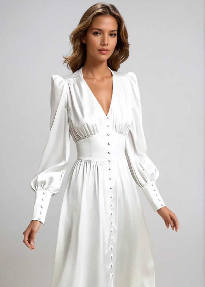 Emma | Relaxed Satin V-Neck Races Maxi Dress with Lantern Sleeves