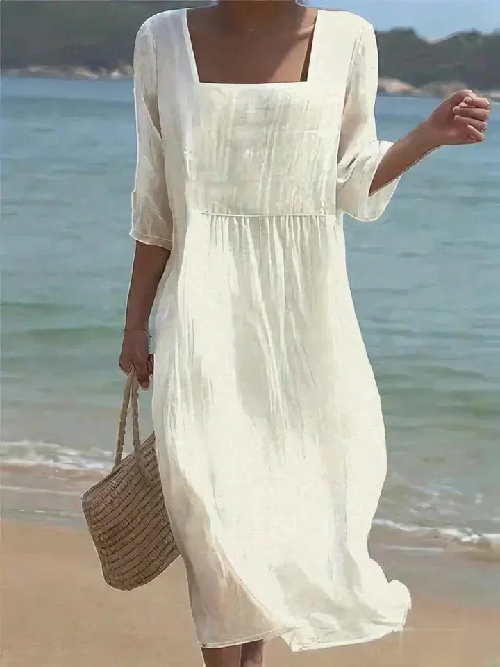 Emma | Relaxed Square Neck Midi Linen Dress