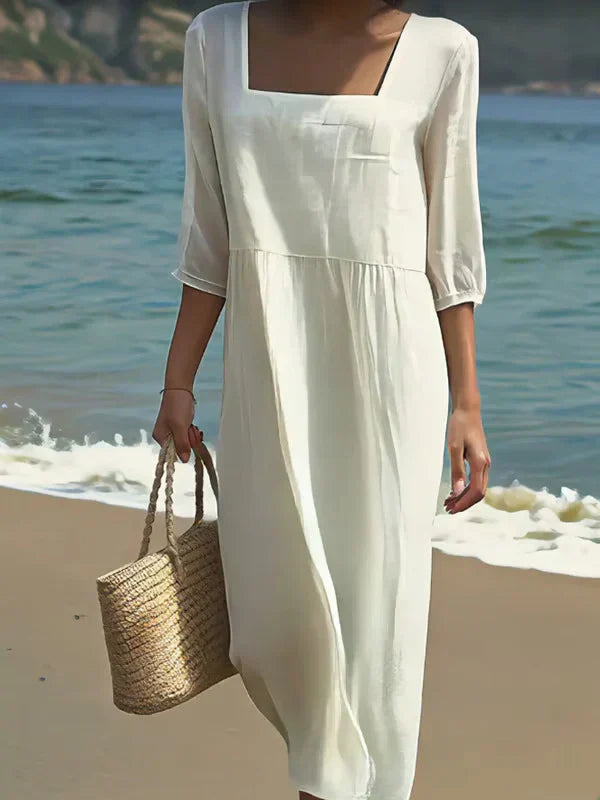 Emma | Relaxed Square Neck Midi Linen Dress