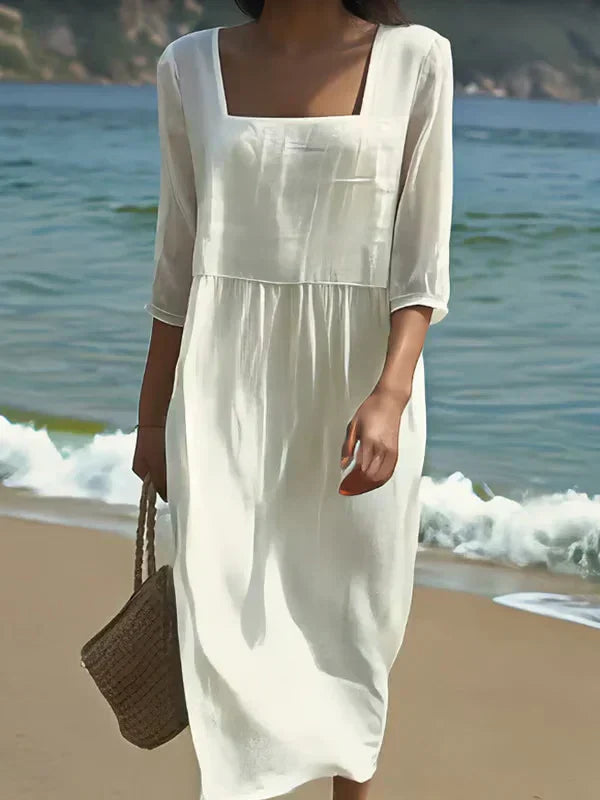Emma | Relaxed Square Neck Midi Linen Dress