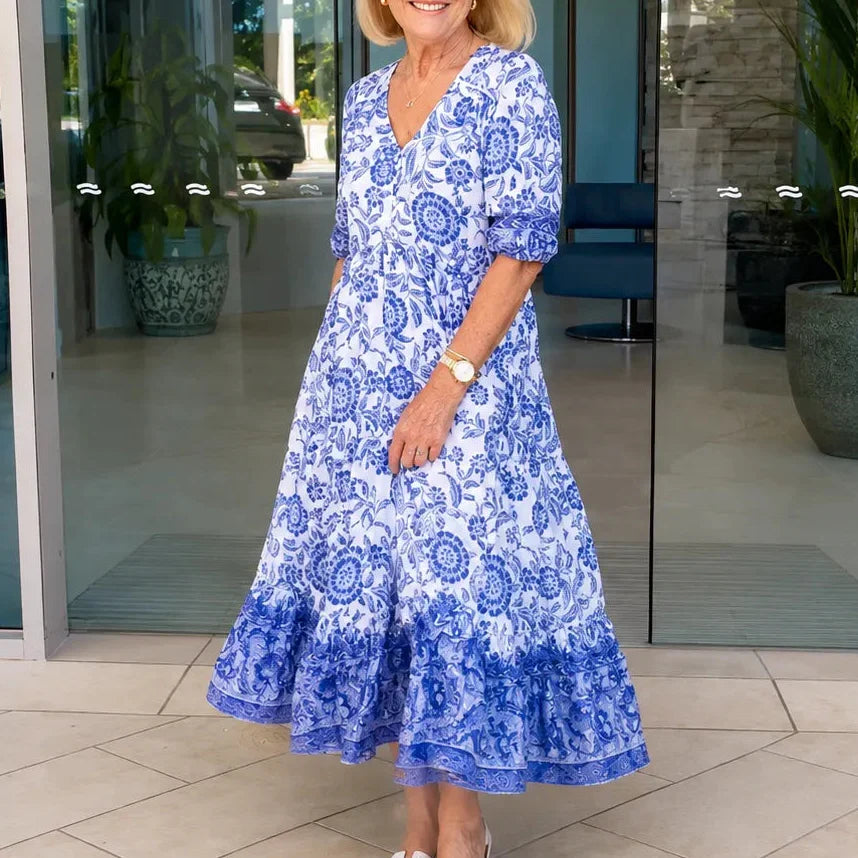 Emma | Sophisticated Floral Boho Dress with Tiered Midi Hem