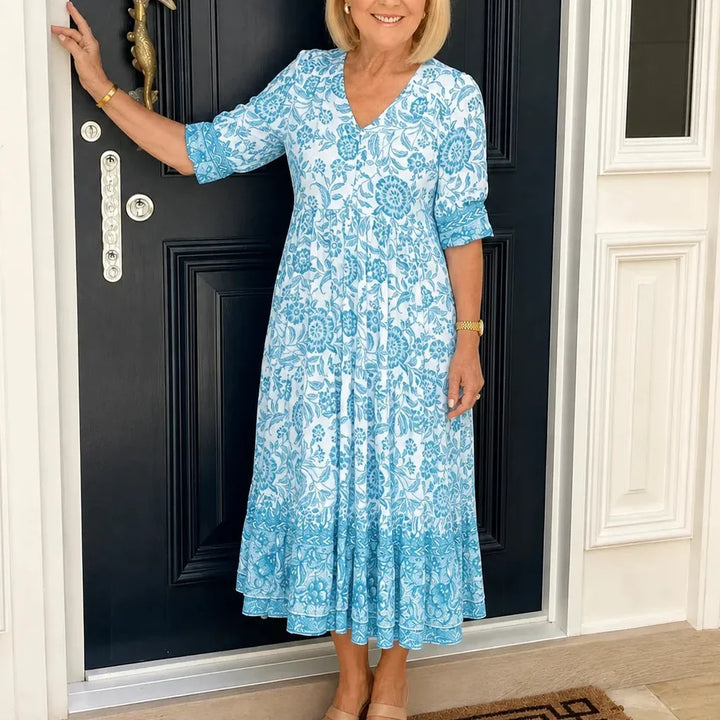 Emma | Sophisticated Floral Boho Dress with Tiered Midi Hem