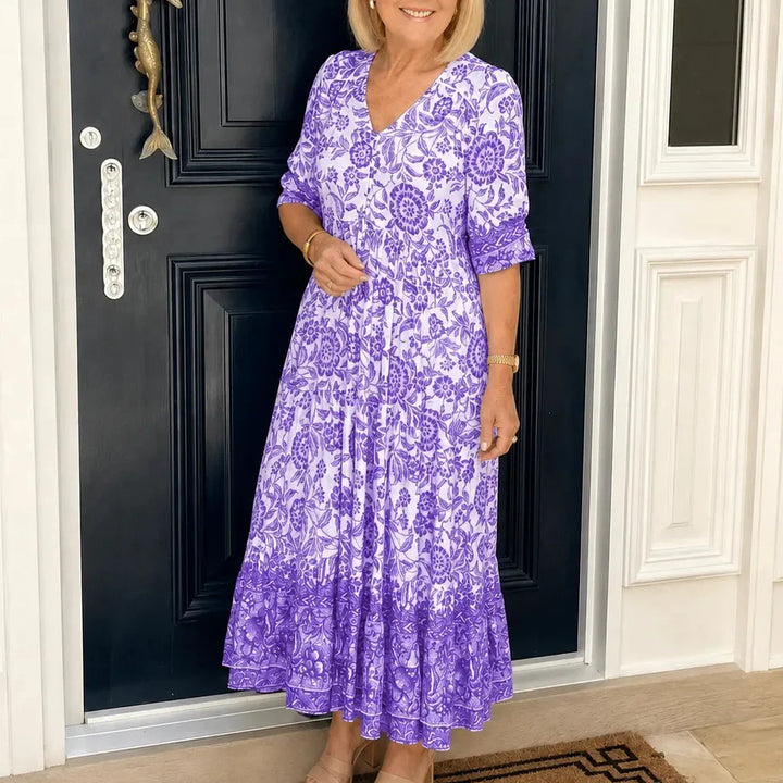 Emma | Sophisticated Floral Boho Dress with Tiered Midi Hem