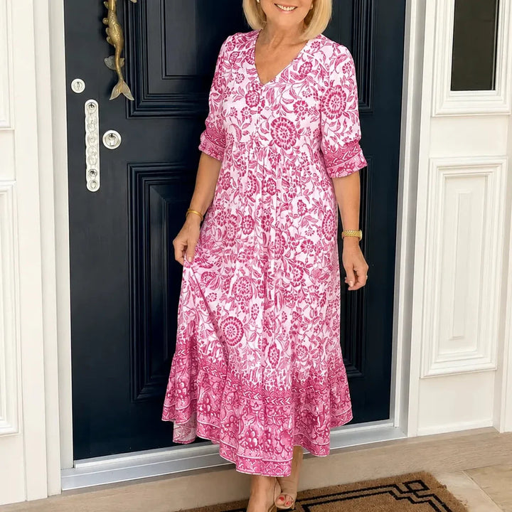 Emma | Sophisticated Floral Boho Dress with Tiered Midi Hem