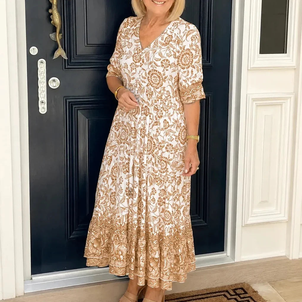 Emma | Sophisticated Floral Boho Dress with Tiered Midi Hem