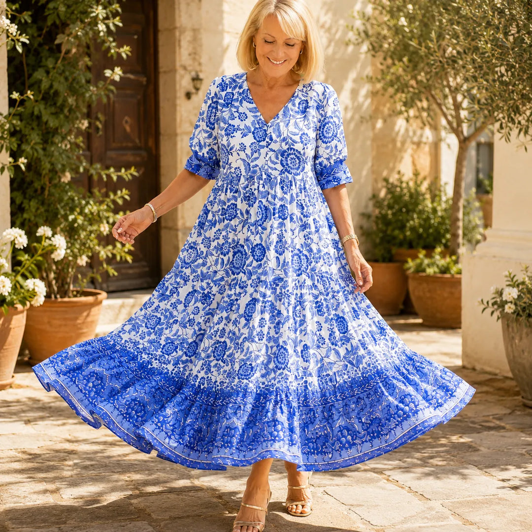 Emma | Sophisticated Floral Boho Dress with Tiered Midi Hem