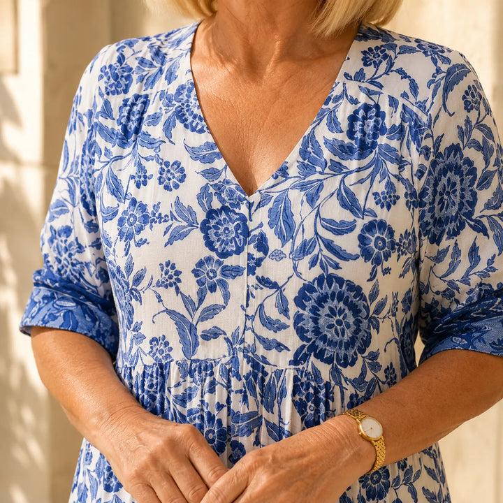 Emma | Sophisticated Floral Boho Dress with Tiered Midi Hem
