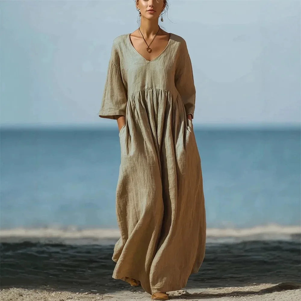Eva | Timeless V-Neck Maxi Linen Dress Women