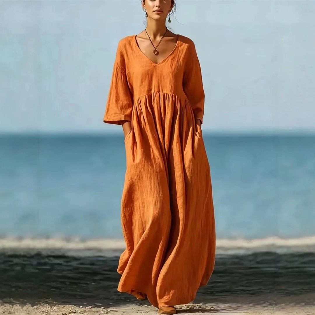 Eva | Timeless V-Neck Maxi Linen Dress Women
