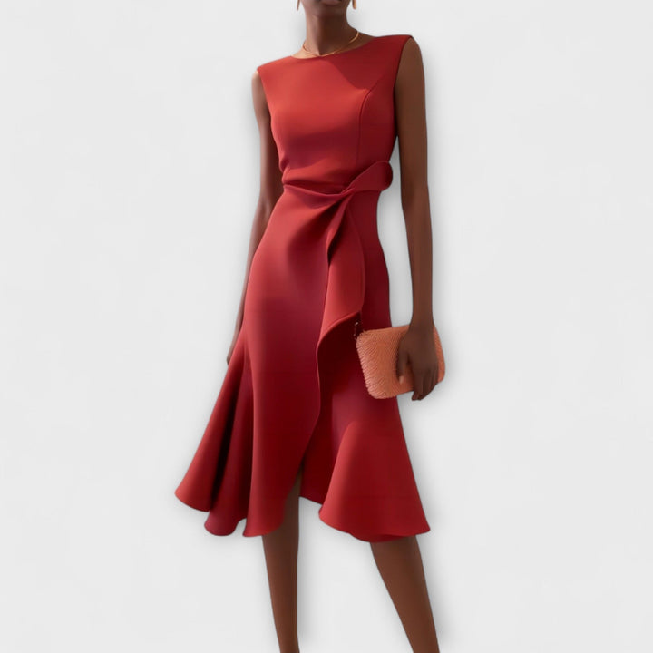 Evelyn | Cosy Draped Asymmetric Cocktail Midi Dress