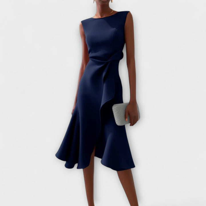 Evelyn | Cosy Draped Asymmetric Cocktail Midi Dress