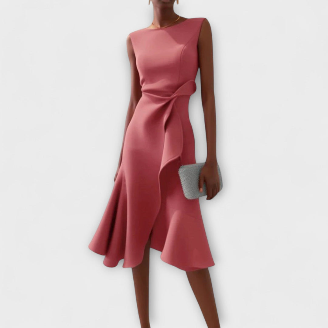 Evelyn | Cosy Draped Asymmetric Cocktail Midi Dress